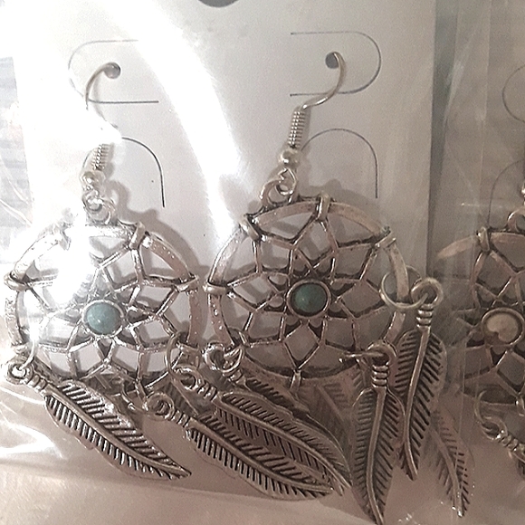 Southwest Silver Turquoise Blue Dream Catcher Earrings Feather Tassel Dangle NEW - Picture 10 of 12